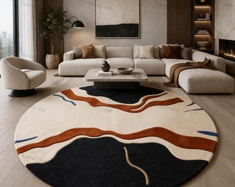 Alfombra redonda de lana de 3 x 3 metros en tonos tierra neutros / Alfombra circular tejida a mano / Decoración abstracta moderna de mediados de siglo para sala de estar