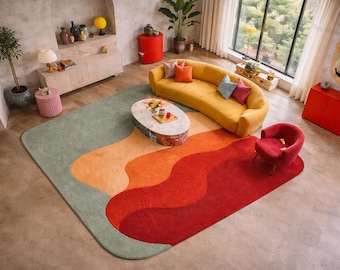 Alfombra peluda retro de mediados de siglo, naranja y verde, estilo abstracto de los años 70, de felpa vintage para sala de estar y decoración bohemia.