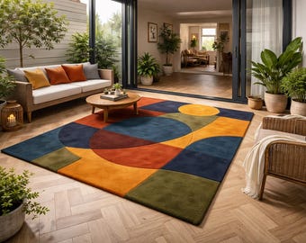 Alfombra geométrica retro de mediados de siglo, moderna, con bloques de color y mechones hechos a mano.