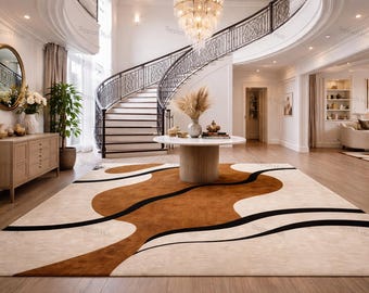 Alfombra abstracta de lana con mechones hechos a mano, color beige, marrón y negro, moderna y neutra, de lujo, para sala de estar, de gran tamaño.