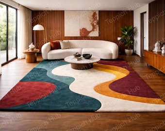 Alfombra moderna de lana esculpida, abstracta, retro, de mediados de siglo, con mechones hechos a mano: una alfombra de lujo para la decoración del salón y el dormitorio.