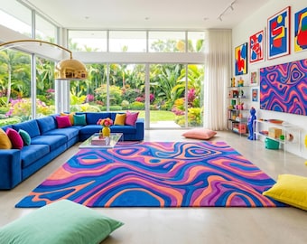 Alfombra abstracta colorida tejida a mano de 2,7 x 3,6 m (9 x 12 pies) – Diseño psicodélico ondulado, vibrante y decorativo.