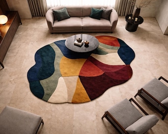 Alfombra de lana irregular de 1,5 x 2,4 m, tejida a mano. Moderna y abstracta, decoración contemporánea de lujo para el hogar.