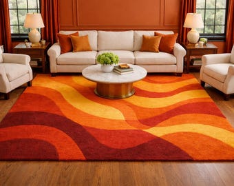 Alfombra peluda retro de mediados de siglo, color naranja y amarillo, estilo abstracto de los años 70, de felpa vintage para sala de estar y decoración bohemia.