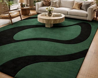 Alfombra abstracta de lana tejida a mano en verde salvia y negro, 3 x 4,2 m (10 x 14 pies) – Diseño moderno de ondas orgánicas, alfombra grande para sala de estar.