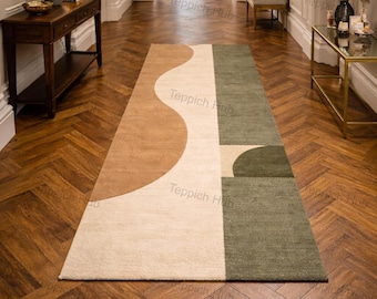 Alfombra de pasillo minimalista abstracta de lana tejida a mano / Alfombra de pasillo y mesita de noche de estilo moderno de mediados de siglo, decoración en tonos beige y verde neutro