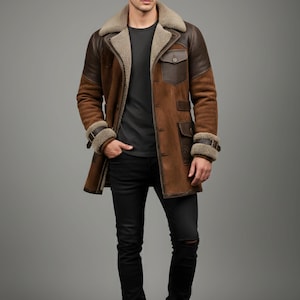 Men's Real Sheepskin leather Shearling Coat Brown Genuine Leather Winter Jacket Warm Long Overcoat Cold Weather Gift for Him, Hand made