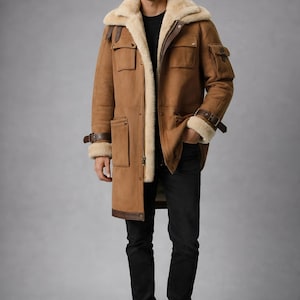 Men’s Shearling Leather Coat | Real Leather Winter Jacket, Warm Fur Lined Long Coat for Men, Classic Casual Outerwear