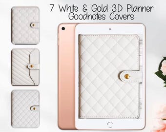Fundas para agenda GoodNotes de cuero 3D en oro blanco, cuadernos acolchados para iPad (PNG y PDF)