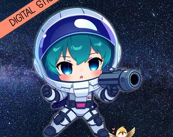 Pegatina de chica espacial chibi con cabello verde azulado / Soldado astronauta anime / Planificador de ciencia ficción PNG