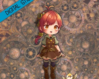 Steampunk Chibi Girl Sticker | Anime Digital Planner | Redhead Side Ponytail