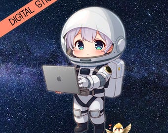Pegatina de chica astronauta chibi con portátil / Chica espacial de cabello plateado / Planificador digital PNG