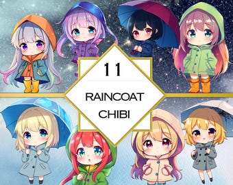 Libro de pegatinas de 11 chicas chibi con impermeables / Agenda digital Anime GoodNotes / Lluvia Kawaii