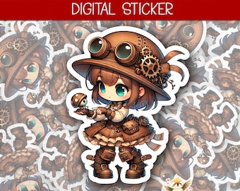 Pegatinas de chica chibi steampunk / Agenda digital de anime / Engranajes y gafas