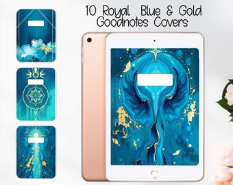 Set de portadas azules y doradas n.º 3 / Agenda digital celestial (PNG, PDF, archivos Goodnotes)
