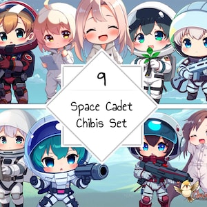 May include: A digital illustration featuring nine chibi-style characters in space cadet attire. The characters are depicted with large eyes and various expressions, holding futuristic weapons and tools. The image includes the text "9 Space Cadet Chibis Set".