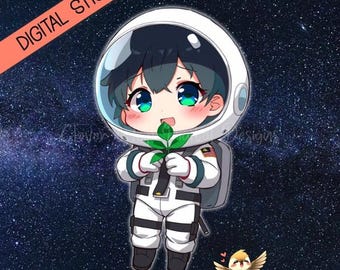 Pegatina de astronauta chibi, niño espacial PNG, imágenes prediseñadas de ciencia ficción kawaii (descarga digital)