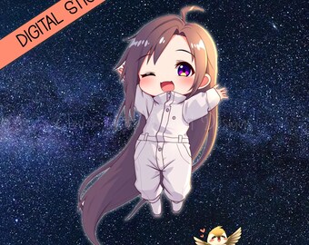 Pegatina de astronauta chibi guiñando un ojo / Anime de cabello castaño largo / Planificador digital kawaii PNG