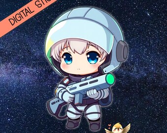 Pegatina de soldado espacial chibi de cabello plateado / Chica astronauta de anime / Planificador de ciencia ficción PNG