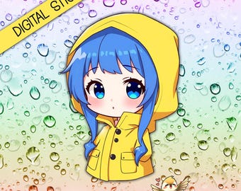 Pegatina de chica chibi con impermeable / Agenda digital de anime / Día lluvioso kawaii en tonos pastel