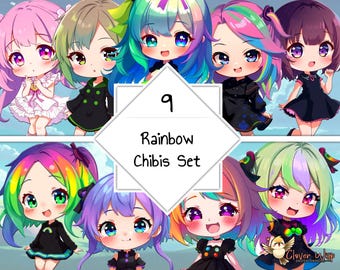 Pegatinas de chica chibi kawaii, anime con cabello arcoíris (descarga digital / Goodnotes, paquete PDF, PNG)