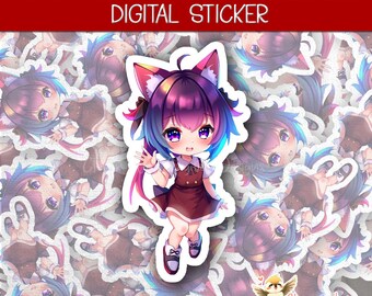 Pegatina Chibi de Chica Gato Morada / Agenda Digital Anime / Neko Kawaii Dark Academia