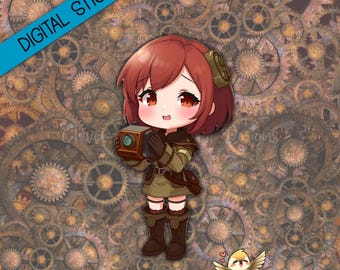 Pegatina de chica chibi steampunk / Agenda digital de anime / Fotógrafa pelirroja