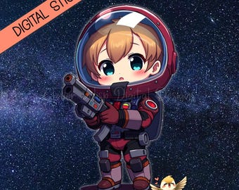Pegatina de chico espacial chibi / Soldado astronauta anime / Planificador de ciencia ficción burdeos PNG
