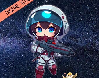 Pegatina de chica soldado espacial chibi / astronauta anime / planificador digital de ciencia ficción PNG