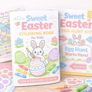 Pode incluir: Livros de colorir Sweet Easter e um kit de caça aos ovos para crianças. O livro de colorir apresenta um coelhinho pintando um ovo de Páscoa. O kit de caça aos ovos inclui placas direcionais e recortes em forma de pata. Lápis de cor e papel colorido também são visíveis.
