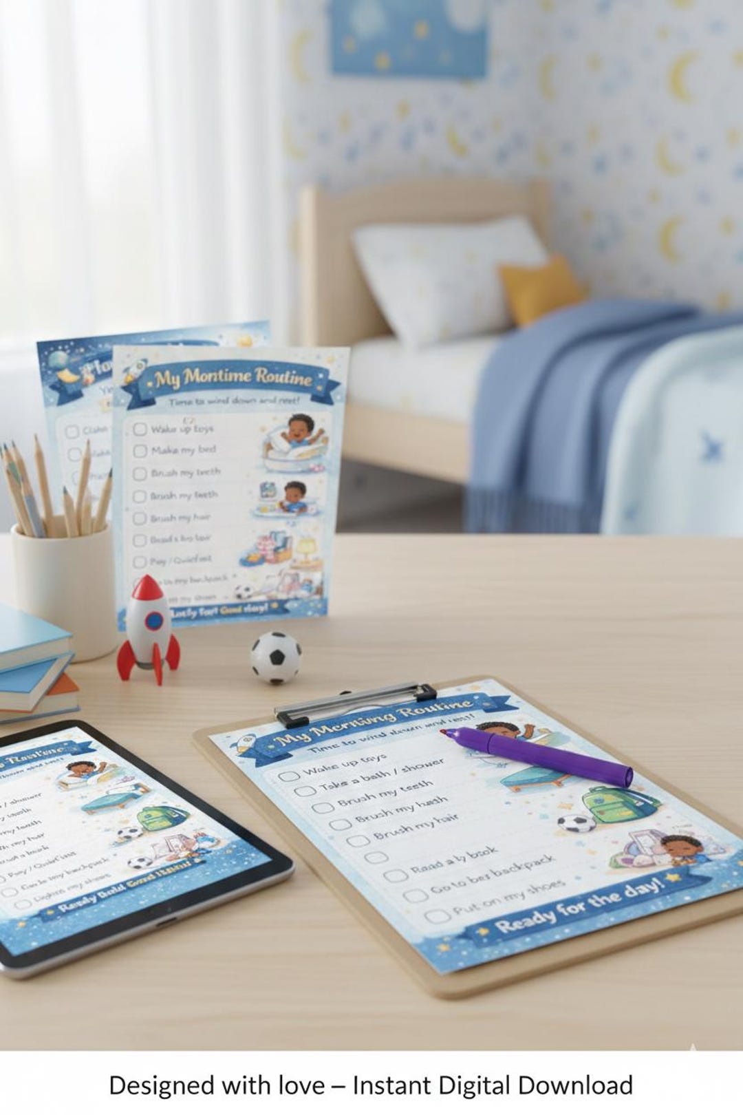 Boys Routine Sticker Chart Printable Daily Routine Chart for Boy Printable – Pink Morning & Bedtime Routine ...