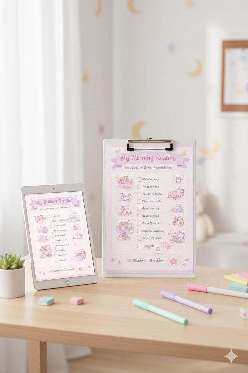 Daily Routine Tablet Daily Routine Chart for Girls Printable – Pink Morning & Bedtime ...