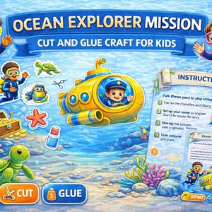 Ocean Explorer Mission Cut and Glue Craft for Kids | Underwater Printable Activity | Submarine Adventure | Kids PDF Game
