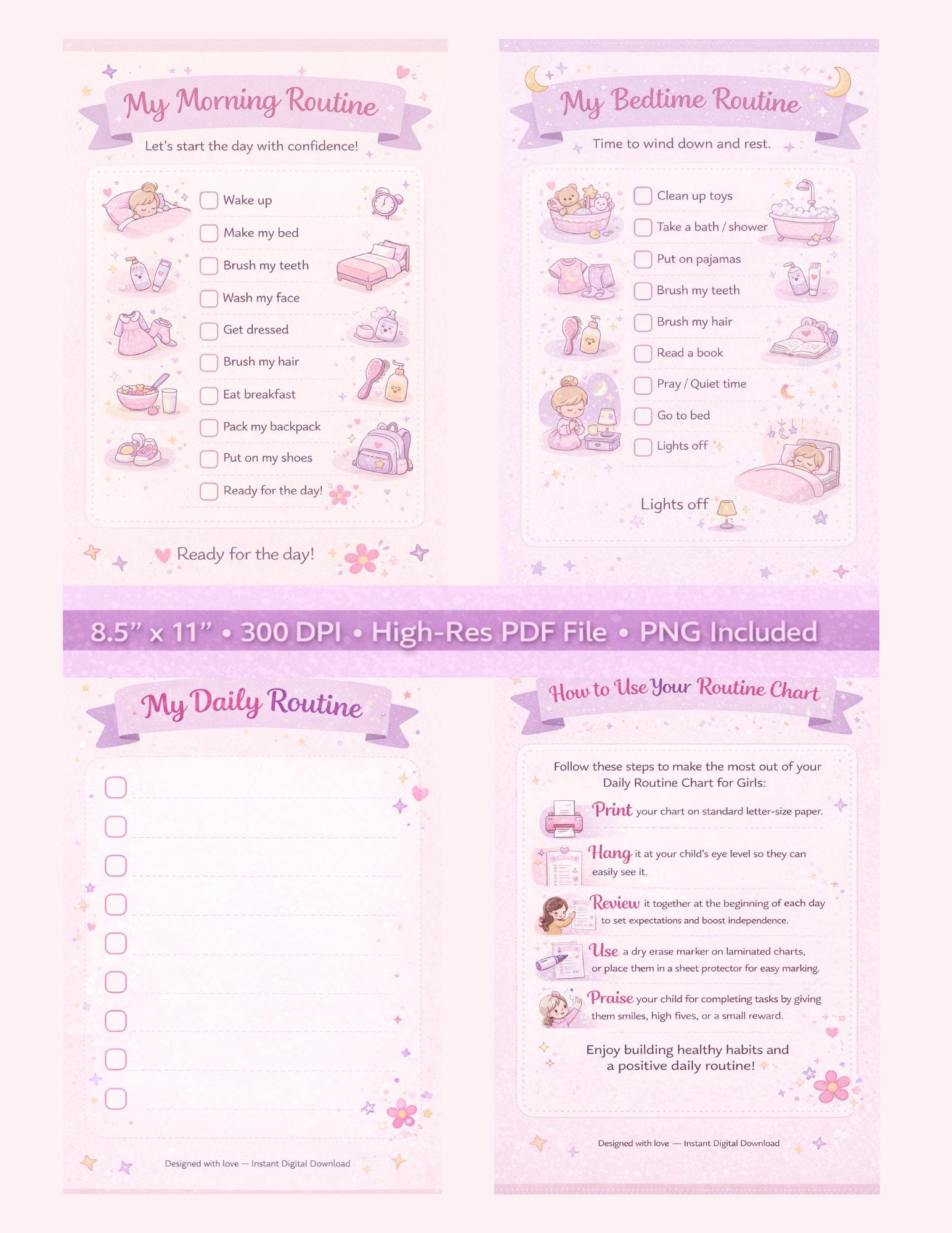 Daily Routine Chart for Girls Printable – Pink Morning & Bedtime ...