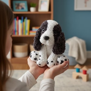 Op de afbeelding: Een handgemaakt pluche hondenspeelgoed met een zwart-wit patroon. De hond heeft floppy oren, een zwarte neus en zwarte vlekken op zijn poten. Het speelgoed wordt in de handen van een persoon gehouden.