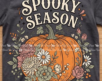 Spooky Season Floral Pumpkin PNG, Vintage Halloween Flowers, Spooky Teacher Shirt, Retro Fall Sublimation, Digital Download