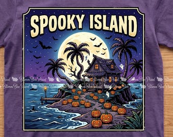 Spooky Island Summerween PNG | Moon Halloween | Haunted Cabin | Black Cat Halloween PNG | Retro Pumpkin Design