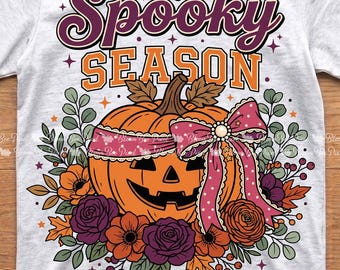 Spooky Season Floral Pumpkin PNG | Coquette Bow Halloween | Spooky Teacher Shirt | Retro Pumpkin Sublimation | Digital Download
