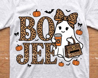 Boo Jee Leopard Ghost PNG, Spooky Vibes Fall Pumpkin, Halloween Sweatshirt Design, Cute Coquette Sublimation