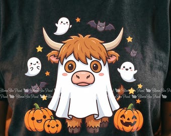 Highland Cow Boo Jee PNG, Retro Halloween Pumpkin Design, Fall & Autumn Sublimation