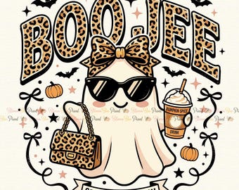 Leopard Ghost Boo Jee PNG, Spooky Pumpkin Halloween Sweatshirt Design (Digital Download)