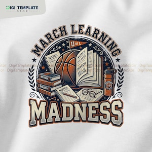 Op de afbeelding: Een vintage grafisch ontwerp met de tekst "March Learning Madness". Het ontwerp bevat een basketbal, boeken, een waterfles en een bril. De woorden "Notes", "History", "Calculus", "Biology" en "Econ" zijn ook zichtbaar.