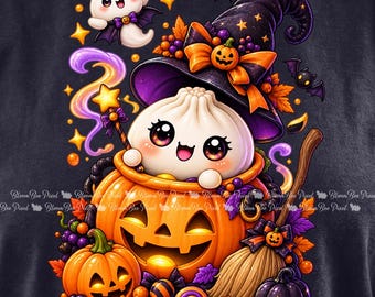 Kawaii Halloween PNG, Witch Hat Spooky Dumpling Clipart, Cute Food PNG, Glitter Dumpling, Halloween Shirt, Dumpling PNG, Digital Download