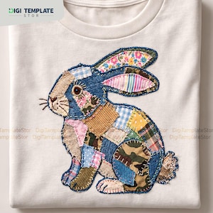 Pode incluir: Uma camiseta branca com um design de coelho de retalhos. O coelho é feito de vários padrões de tecido, incluindo ganga, floral e camuflagem. O coelho tem bigodes castanhos e uma cauda fofa. A camiseta tem gola redonda.