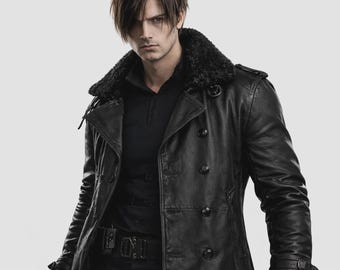 Jaqueta de couro Leon S. Kennedy RE9 Requiem | Casaco de cosplay artesanal inspirado em jogos com gola de pele