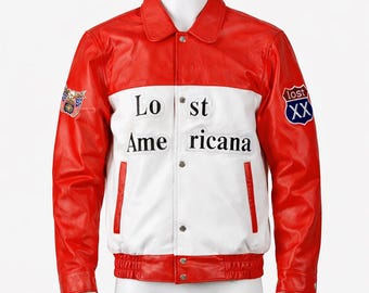 Jaqueta de couro legítimo Lost Americana inspirada no MGK, vermelha e branca com bordados.