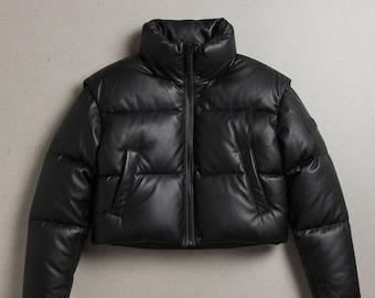 Jaqueta puffer de couro legítimo preto - Casaco curto de inverno - Jaqueta de gola alta - Moda urbana de luxo - Casaco feminino quente na cor ônix
