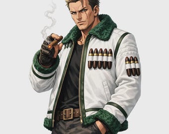 May include: An illustration of a person wearing a white jacket with green fur trim and bullet-shaped embellishments. The jacket is zipped over a black shirt. The person is holding a lit cigar and wearing a black glove. The person has a scar on their face.
