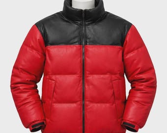Jaqueta puffer acolchoada de couro legítimo vermelha e preta feita à mão | Roupa de inverno masculina