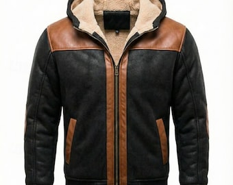 Jaqueta masculina de couro com forro de pele de carneiro preta e bege, estilo aviador, casaco quente de inverno com capuz de pele bege.